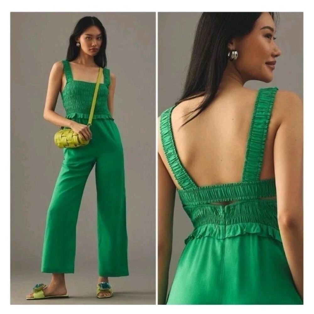 Anthropologie If By Sea Size L Jumpsuit Wide Leg Coastal Kelly Green Smocked NWT